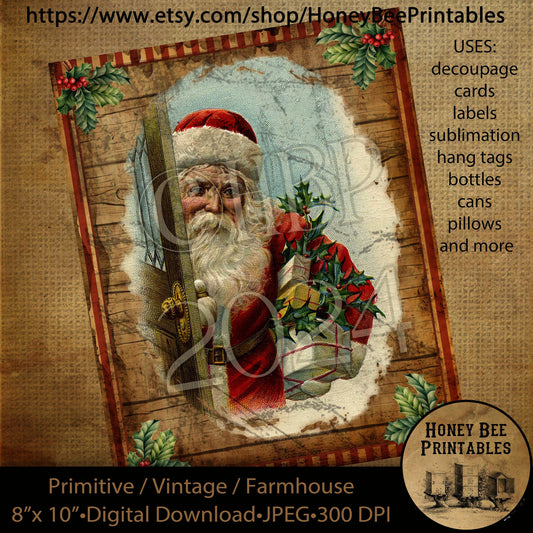 Vintage Instant Download Printable Decoupage, Christmas, Vintage Santa, Primitive Santa, Santa Claus, Father Christmas, Santa at the Door
