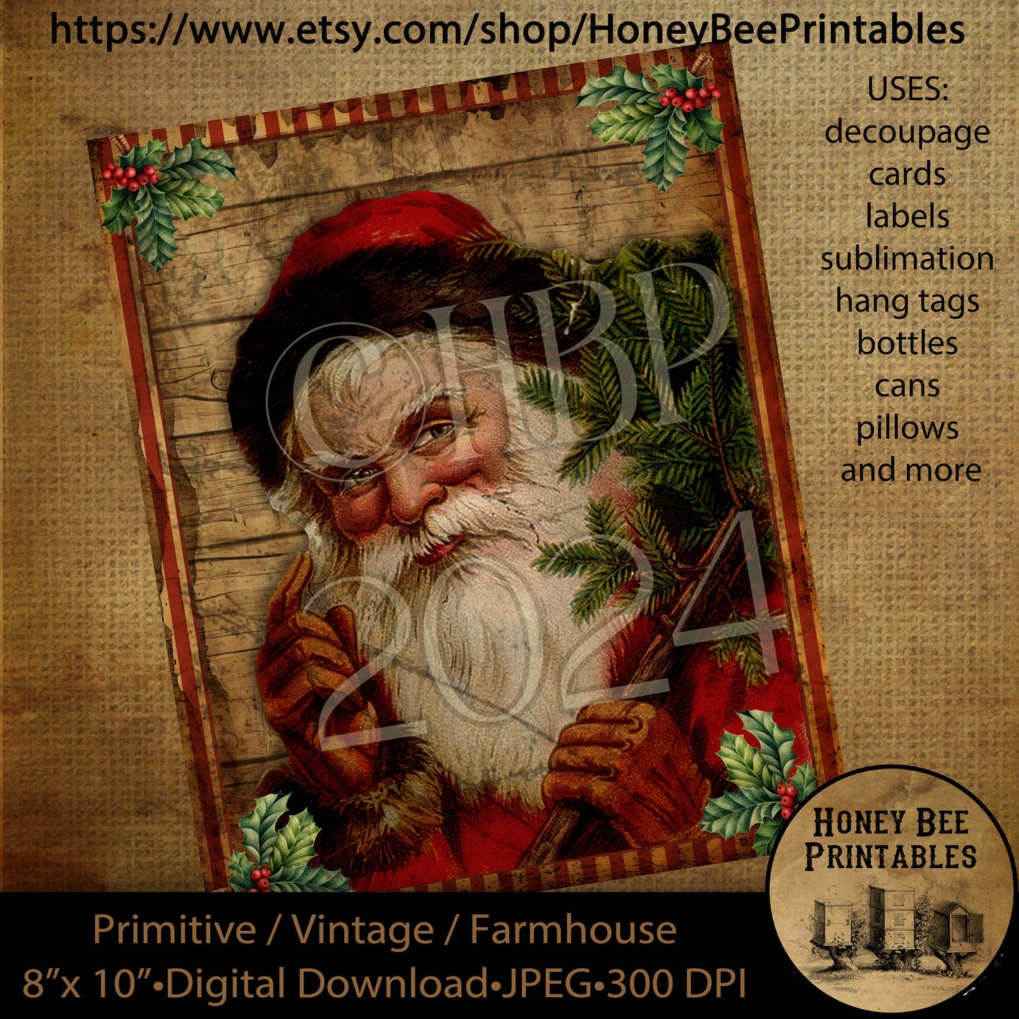 Vintage Instant Download Printable Decoupage, Christmas, Vintage Santa, Primitive Santa, Santa Claus, Father Christmas, Santa With Tree