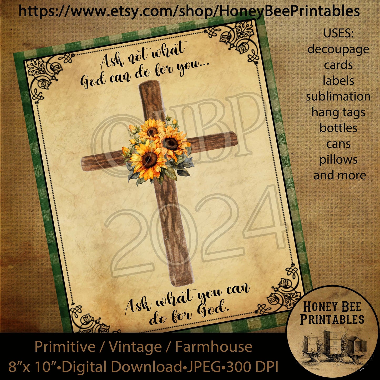 Vintage Primitive Instant Download Printable Decoupage, Cross, What You Can Do For God, Sunflowers, Religious, Inspirational, Christian Art