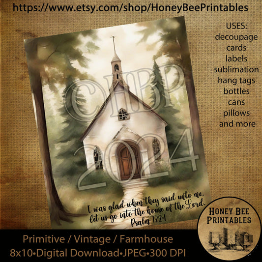Vintage Primitive Instant Download Printable Decoupage, Religious, Inspirational, Christian Art, Church, Chapel, Old White Chapel, Psalm 122