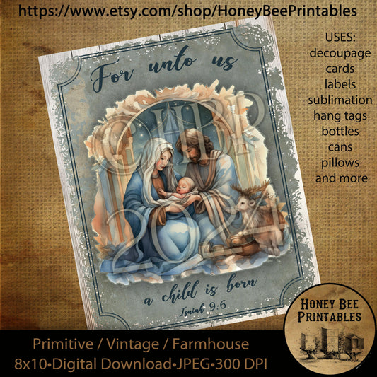 Vintage Primitive Instant Download Printable Decoupage, Christmas, Nativity, For Unto Us A Child Is Born, Birth of Jesus, Manger