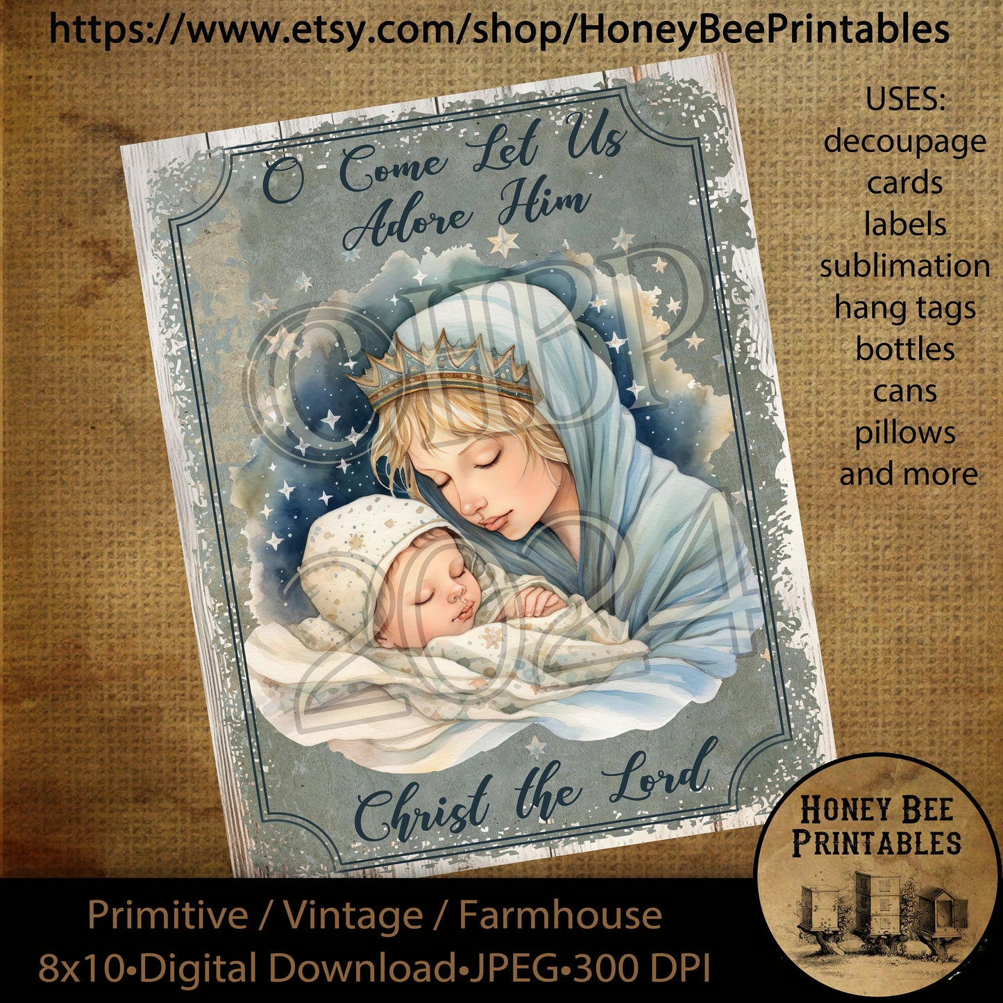 Vintage Primitive Instant Download Printable Decoupage, Christmas, Nativity, O Come Let Us Adore Him, Christ The Lord, Birth of Jesus, Mary