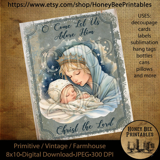 Vintage Primitive Instant Download Printable Decoupage, Christmas, Nativity, O Come Let Us Adore Him, Christ The Lord, Birth of Jesus, Mary
