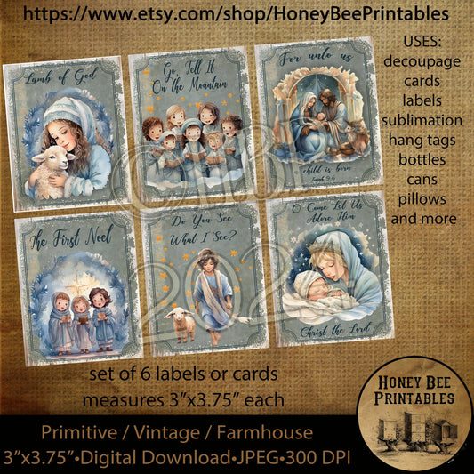 Vintage Digital Download Printable Decoupage Primitive, O Holy Night, Manger, Nativity, Christmas, Jesus, Set of 6 Labels, Tags, cards, Blue