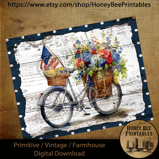 Vintage Primitive Farmhouse Digital Download Printable Decoupage Patriotic, American Flag, Flowers, Bicycle, Polka Dots, Red, White, Blue