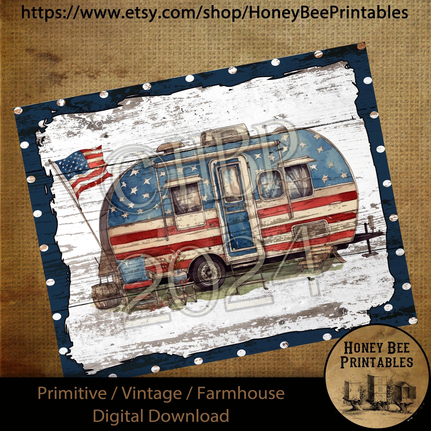 Vintage Primitive Farmhouse Digital Download Printable Decoupage Patriotic, American Flag, Flowers, Camper, Polka Dots, Red, White, Blue