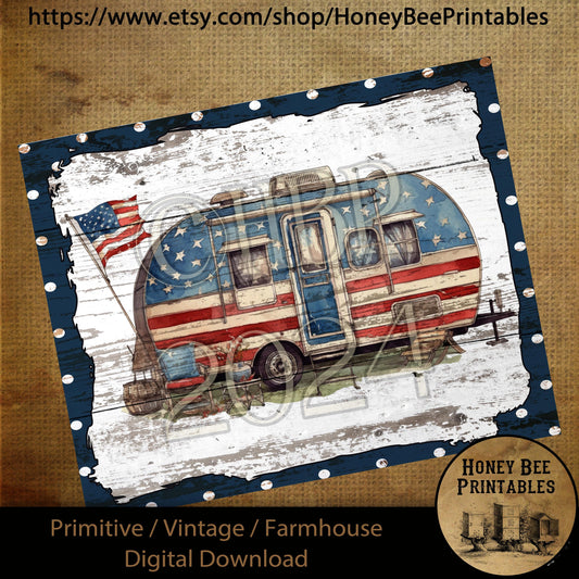 Vintage Primitive Farmhouse Digital Download Printable Decoupage Patriotic, American Flag, Flowers, Camper, Polka Dots, Red, White, Blue