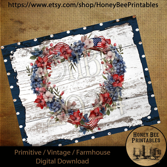 Vintage Primitive Farmhouse Digital Download Printable Decoupage Patriotic American Flag, Flowers, Heart Wreath, Polka Dot, Red, White, Blue