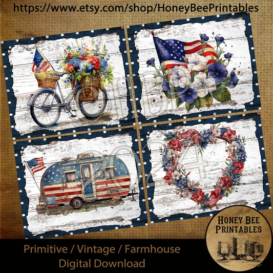 Vintage Primitive Farmhouse Digital Download Printable Decoupage Patriotic, America, Bicycle, Flowers, Camper, Heart Wreath, Set of 4 Labels