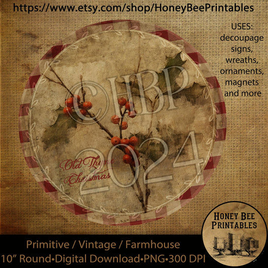 Vintage Instant Download Printable Decoupage Vintage, Round Sign Design, Sign for Wreath, Christmas holly, Ornaments, Holly Berries Sprig