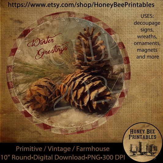 Vintage Instant Download Printable Decoupage Vintage, Round Sign Design for Wreath, Ornaments, Magnets, Christmas, Pine cones, branches
