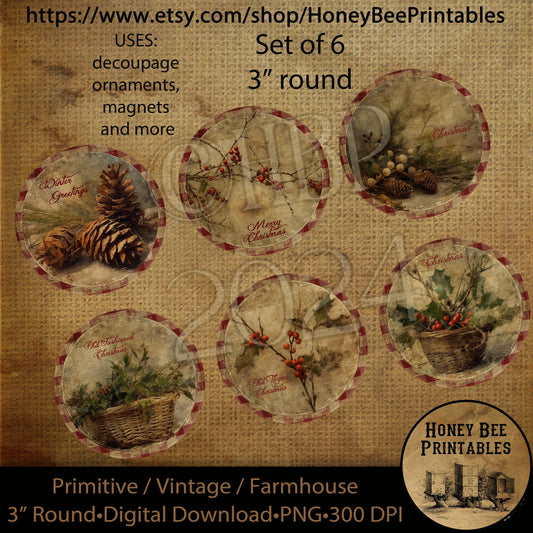 Vintage Primitive Farmhouse Digital Download Printable Decoupage Round Labels, Tags, Christmas Greens, Pine Cones, Berries, Holly, Basket