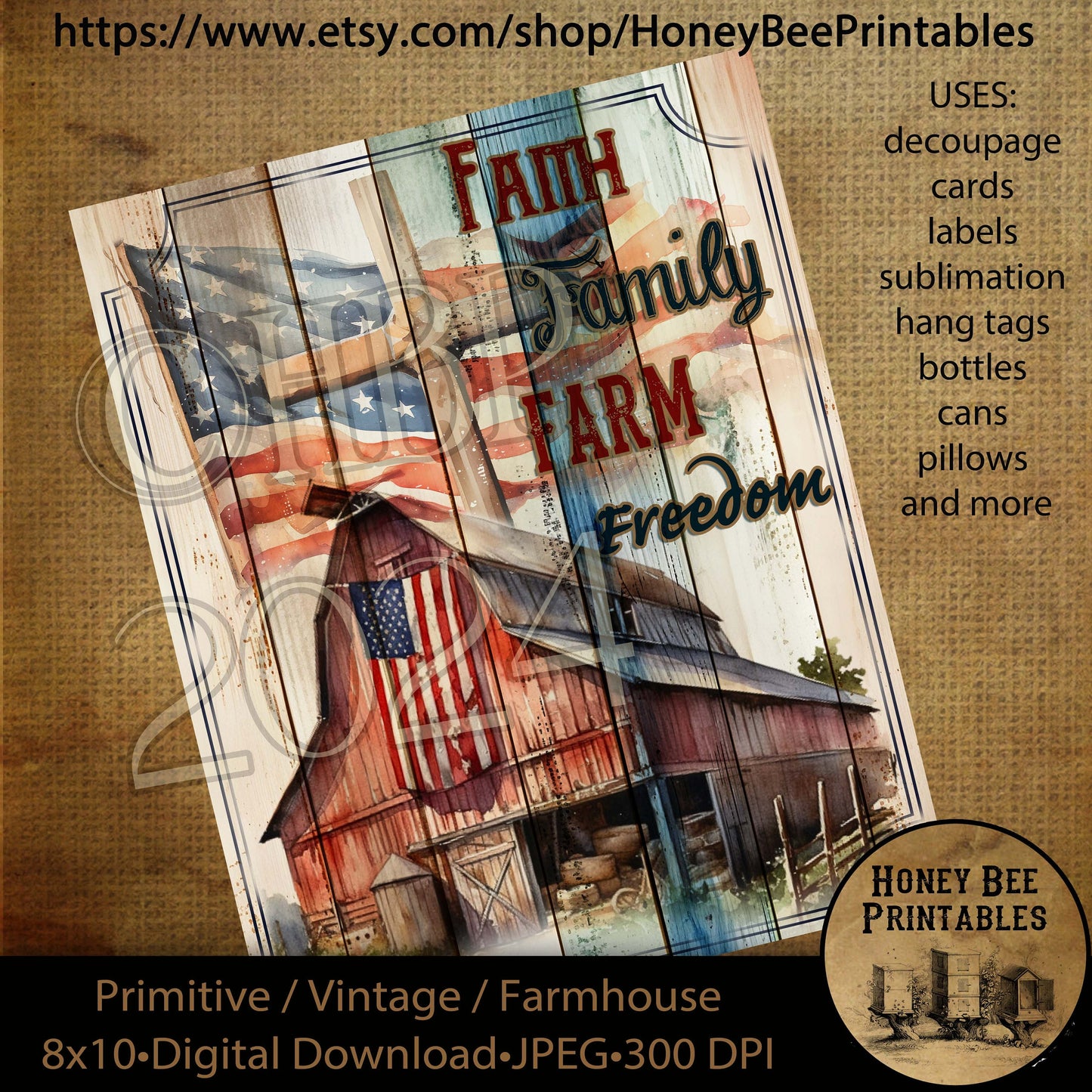 Vintage Primitive Farmhouse Digital Download Printable Decoupage Patriotic American Flag, Red Barn, Cross, Faith, Family, Farm, Freedom, USA