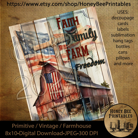 Vintage Primitive Farmhouse Digital Download Printable Decoupage Patriotic American Flag, Red Barn, Cross, Faith, Family, Farm, Freedom, USA