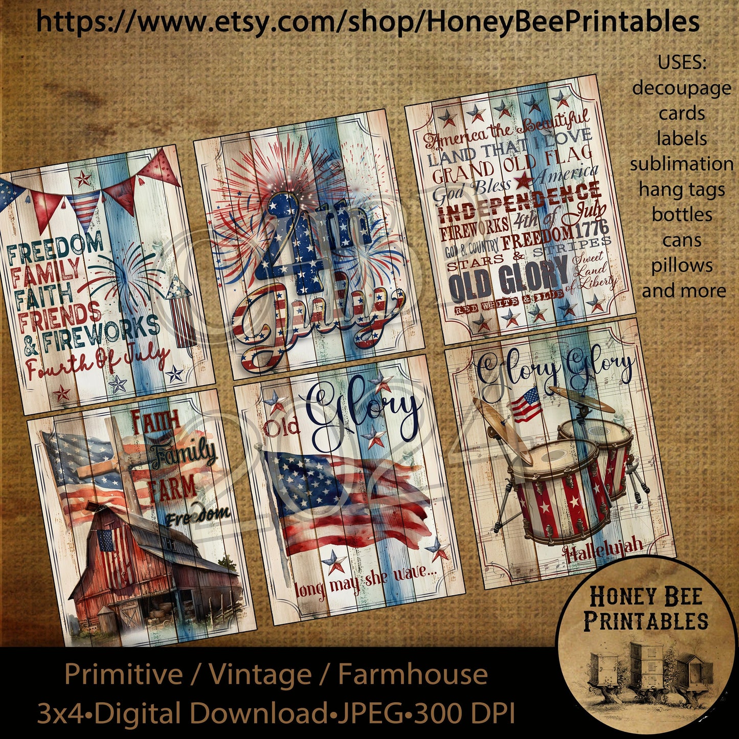 Vintage Primitive Farmhouse Digital Download Printable-Patriotic Americana, USA, Flag, Old Glory, USA, Labels Use on Jars, crock, cans, book