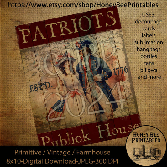 Vintage Primitive Farmhouse Digital Download Printable Decoupage Patriotic, Americana, Patriots Publick House, Tavern Sign, 1776, USA