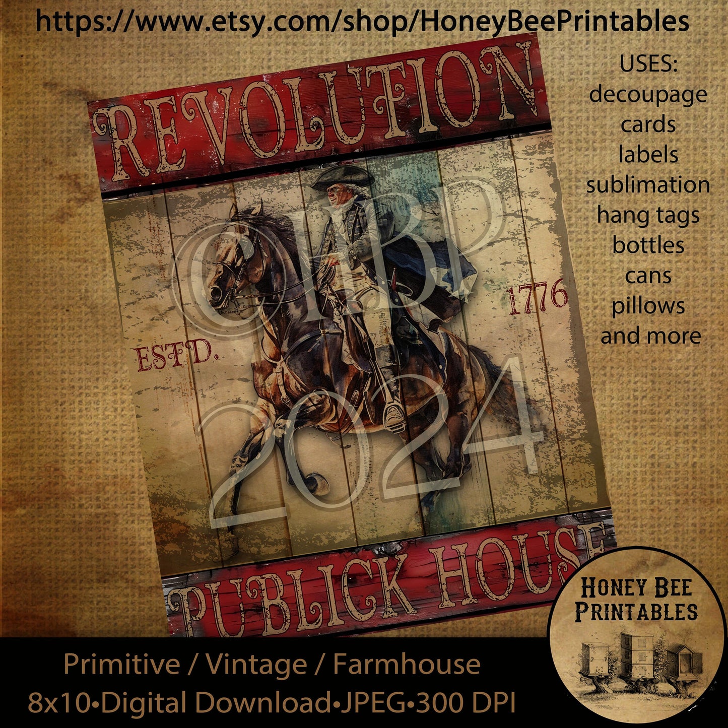 Vintage Primitive Farmhouse Digital Download Printable Decoupage Patriotic, Americana, Revolution Publick House, Tavern Sign, 1776, Horse