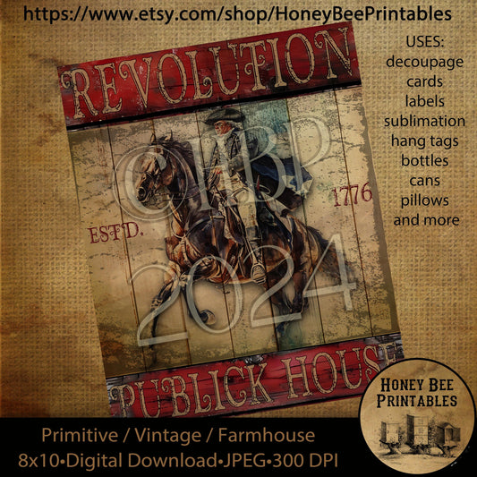 Vintage Primitive Farmhouse Digital Download Printable Decoupage Patriotic, Americana, Revolution Publick House, Tavern Sign, 1776, Horse