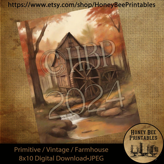 Vintage Digital Download Printable Sublimate Decoupage Primitive, Painting, Fall, Autumn, Watercolor, Watermill, Water Mill, River, Creek, 2