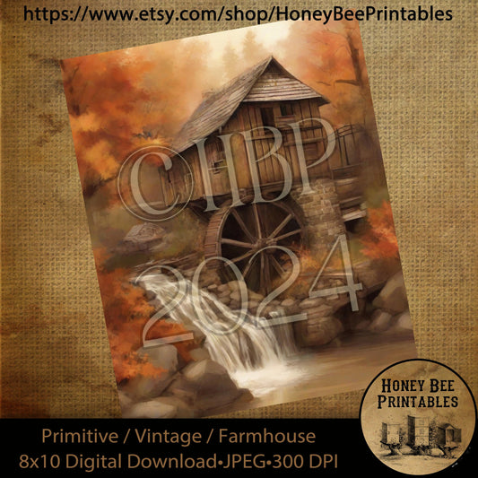 Vintage Digital Download Printable Sublimate Decoupage Primitive, Painting, Fall, Autumn, Watercolor, Watermill, Water Mill, River, Creek, 4