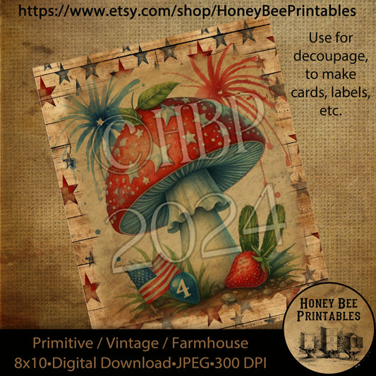 Vintage Primitive Farmhouse Digital Download Printable Decoupage Patriotic, Americana, Mushroom, Flag, Shrooms, Psychedelic, 60s, Sixties 2