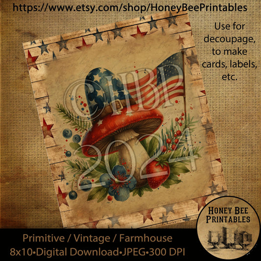 Vintage Primitive Farmhouse Digital Download Printable Decoupage Patriotic, Americana, Mushroom, Flag, Shrooms, Psychedelic, 60s, Sixties 3