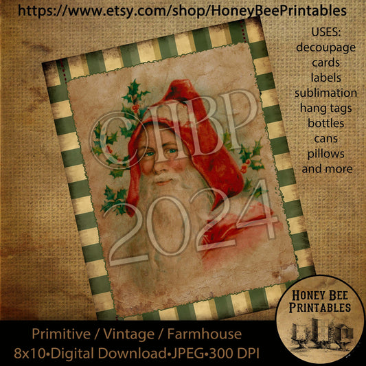 Vintage Primitive Instant Download Printable Decoupage, Old World Santa, Father Christmas, Santa Claus, Old Time Santa, Christmas, Green 2