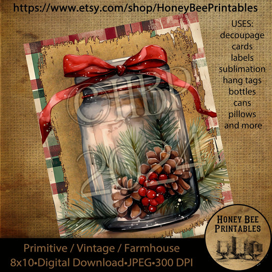 Vintage Primitive Instant Download Printable Decoupage, Vintage Christmas, Christmas in a Jar, Pine Cones, Berries, Old Fashioned