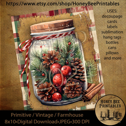 Vintage Primitive Instant Download Printable Decoupage, Vintage Christmas, Christmas in a Jar, Pine Cones, Berries, Old Fashioned, 4