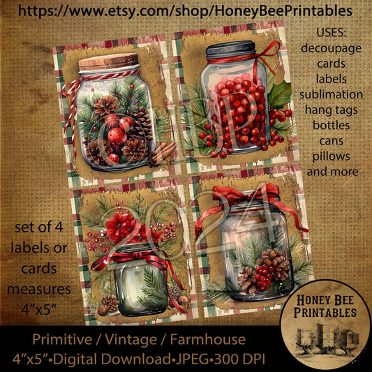 Vintage Primitive Instant Download Printable Decoupage, Set /4 cards, labels, tags, ornaments, Christmas in a Jar, Pine Cones, Berries