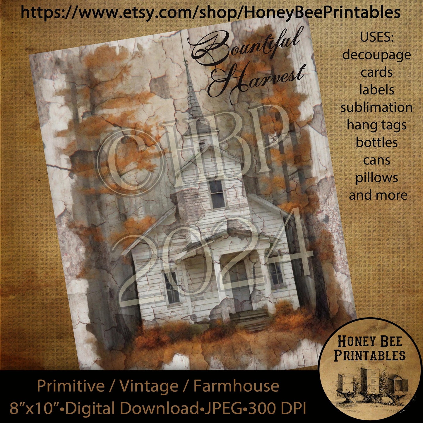 Vintage Primitive Farmhouse Digital Download Printable Decoupage Labels Fall Autumn Old White Church Chapel Pumpkins Bountiful Harvest