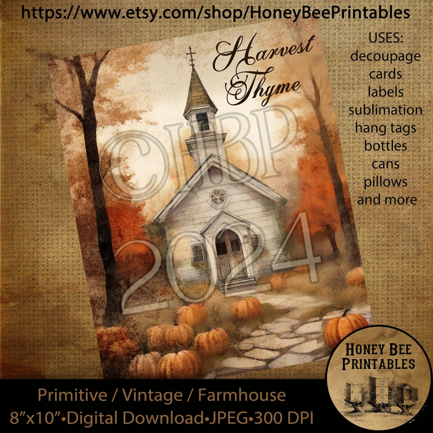 Vintage Primitive Farmhouse Digital Download Printable Decoupage Labels Fall Autumn Old White Church Chapel Pumpkins Harvest Thyme