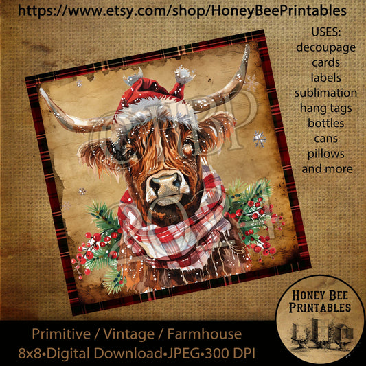 Vintage Primitive Instant Download Printable Decoupage, Vintage Christmas, Highland Cow with Scarf and Berries, Highland Cow, Christmas Cow
