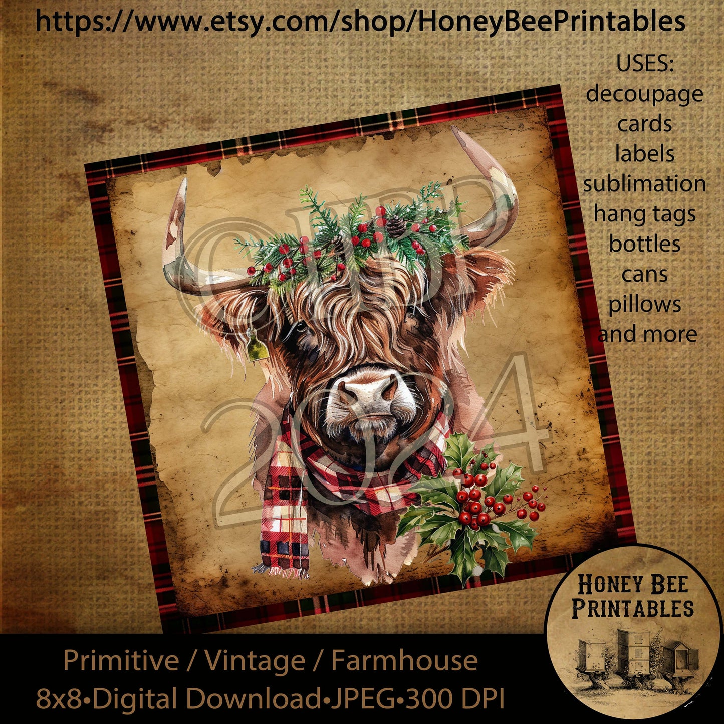 Vintage Primitive Instant Download Printable Decoupage, Vintage Christmas, Highland Cow with holly berries, Highland Cow, Christmas Cow
