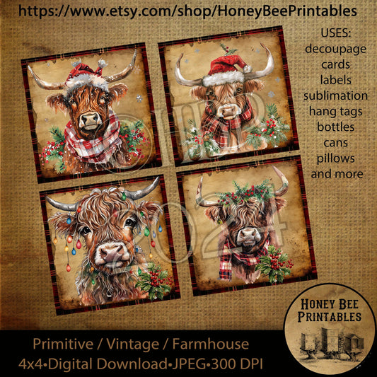 Vintage Primitive Instant Download Printable Decoupage, Vintage Christmas, Highland Cow, Holly, Berries, Scarf, Santa Hat, Lights, 4x4 tags