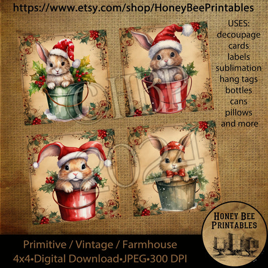 Vintage Primitive Instant Download Printable Decoupage, Bunnies in Buckets, Christmas Bunnies, Rabbits, Holly, Berries, Santa Hat, 4x4 tags