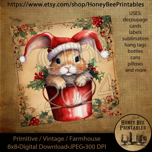 Vintage Primitive Instant Download Printable Decoupage, Christmas Bunnies, Rabbits, Red Bucket, Holly, Berries, Santa Hat, Christmas Rabbit