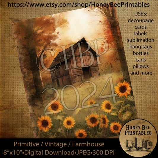 Vintage Primitive Farmhouse Digital Download Printable Decoupage Labels Fall Autumn, Old Rustic Barn, Sunflowers, Farm 02