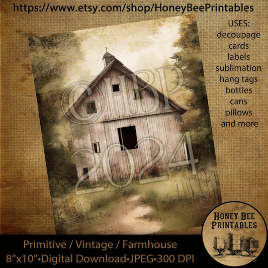 Vintage Primitive Farmhouse Digital Download Printable, Decoupage, Labels, Old Rustic Barn, White Barn, 01, Farm