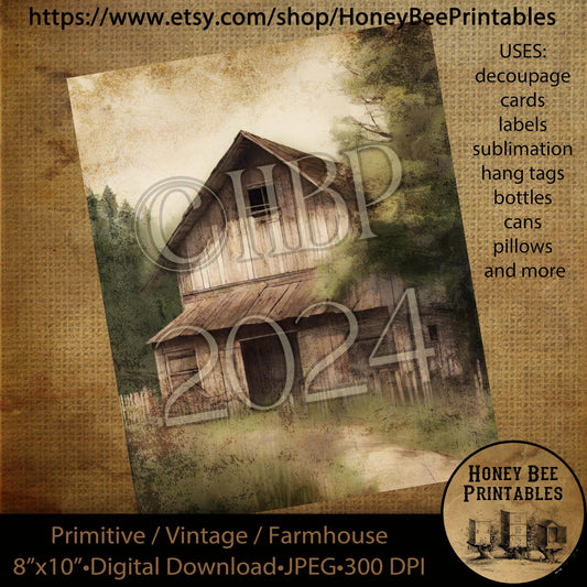 Vintage Primitive Farmhouse Digital Download Printable, Decoupage, Labels, Old Rustic Barn, White Barn, 02, Farm