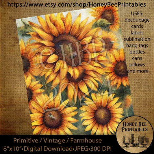 Vintage Primitive Farmhouse Digital Download Printable, Decoupage, Labels, Summer, Fall, Sunflowers, Bees, Sunshine, Flowers, Summertime, 02