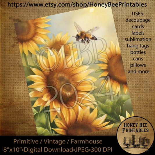 Vintage Primitive Farmhouse Digital Download Printable, Decoupage, Labels, Summer, Fall, Sunflowers, Bees, Sunshine, Flowers, Summertime