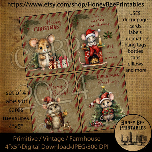 Vintage Primitive Instant Download Printable Decoupage, Set /4 cards, labels, tags, ornaments, Christmas Mouse, Mice, Twas the Night Before