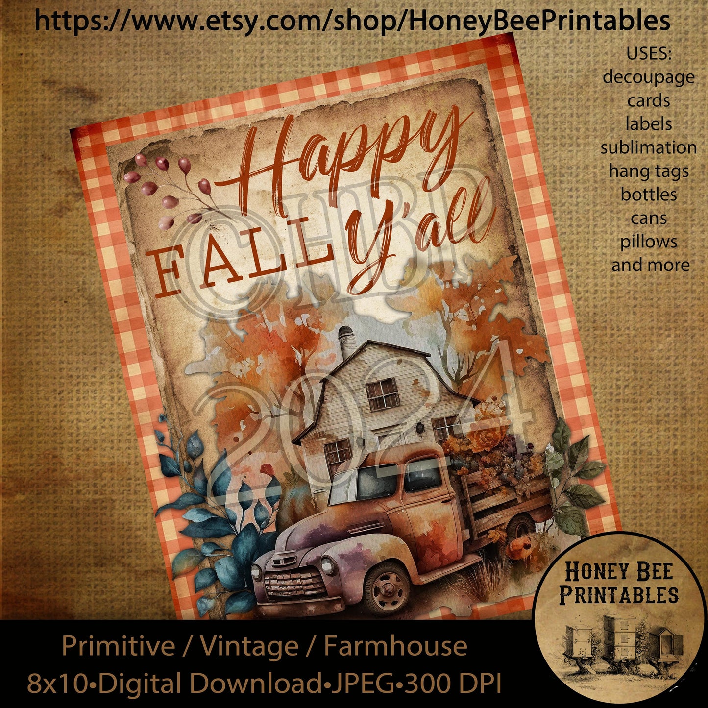 Vintage Digital Download Printable Sublimate Decoupage Primitive, Fall, Autumn, Happy Fall Y'all, Farm, Old Truck, Pumpkins, Leaves