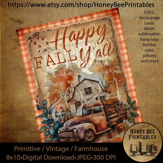 Vintage Digital Download Printable Sublimate Decoupage Primitive, Fall, Autumn, Happy Fall Y'all, Farm, Old Truck, Pumpkins, Leaves