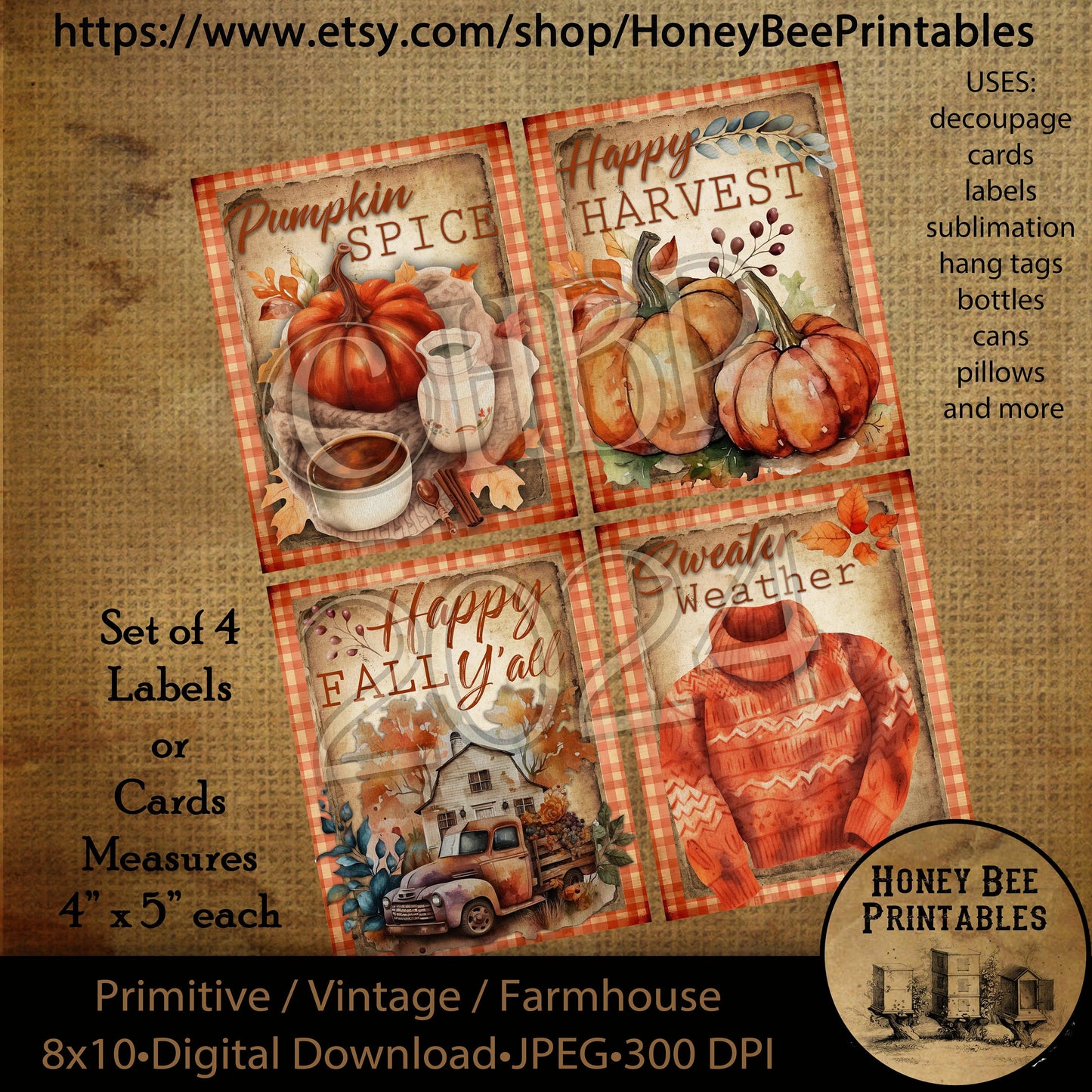 Vintage Digital Download Printable Decoupage Primitive, Set of 4 labels or cards, Fall, Autumn, Pumpkins Spice, Sweater Weather, Harvest