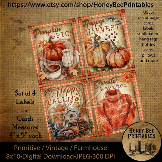 Vintage Digital Download Printable Decoupage Primitive, Set of 4 labels or cards, Fall, Autumn, Pumpkins Spice, Sweater Weather, Harvest