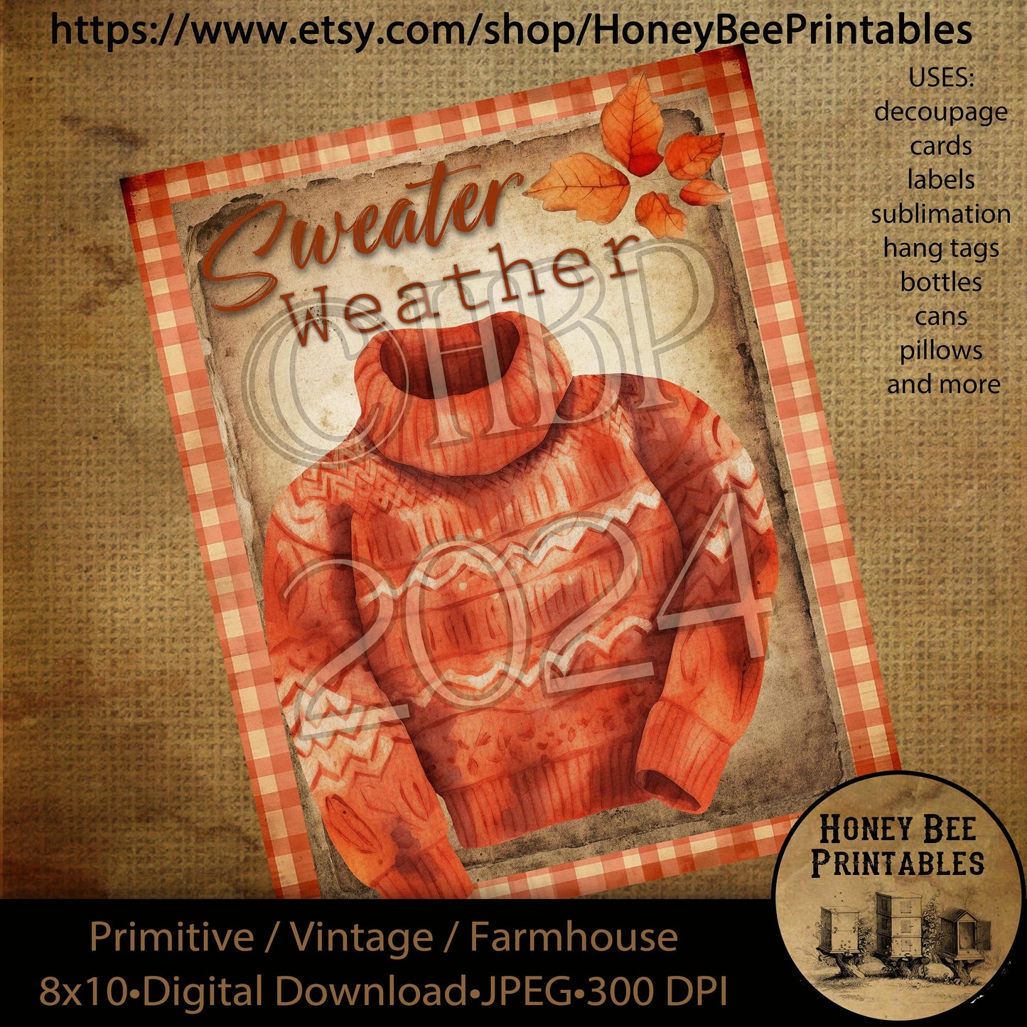 Vintage Digital Download Printable Sublimate Decoupage Primitive, Fall, Autumn, Harvest, Pumpkins, Leaves, Pumpkin Spice, Sweater Weather