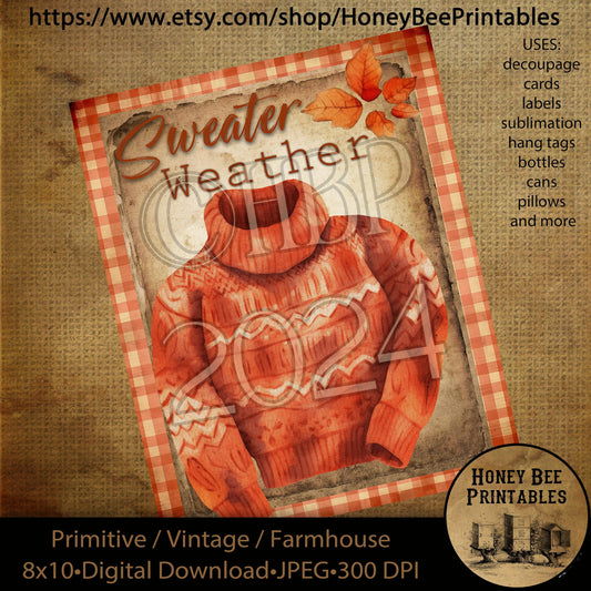 Vintage Digital Download Printable Sublimate Decoupage Primitive, Fall, Autumn, Harvest, Pumpkins, Leaves, Pumpkin Spice, Sweater Weather