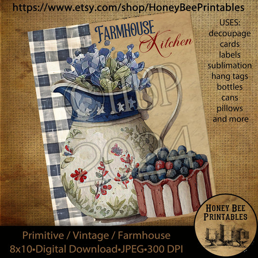 Vintage Primitive Instant Download Printable Decoupage Cans Labels, Patriotic, Americana, Old Pitcher, Blueberries, Farmhouse Kitchen